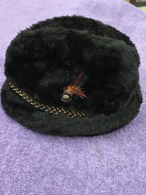 Men's Black Faux Fur Bucket Hat with Feather & Braided Trim